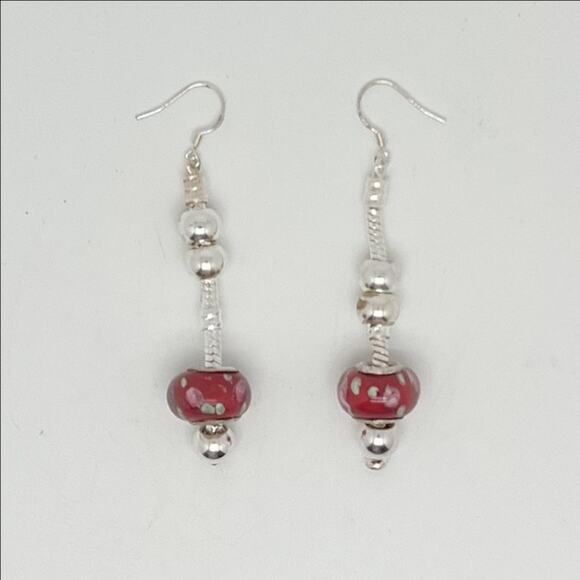 Jewelry - Silver Tone Dangle Drop Earrings With Red Floral Print Beads